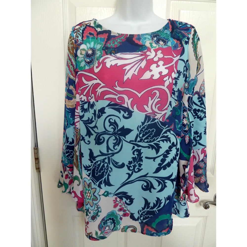 *CHICO'S Sz 1=8/10 Med. Career Office Sheer Blouse Flowy Patchwork Colorful*